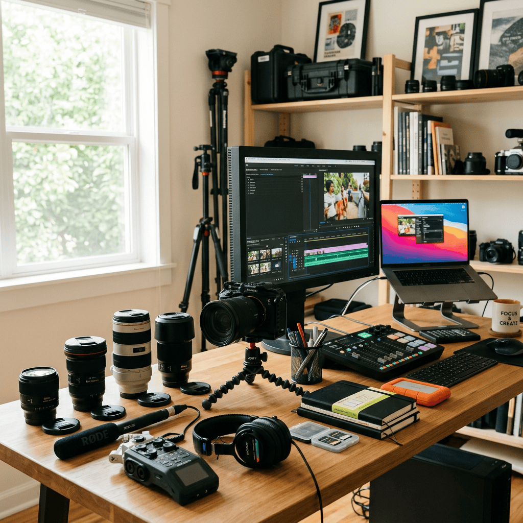 Video editing workstation surrounded by cameras, lenses, and audio equipment
