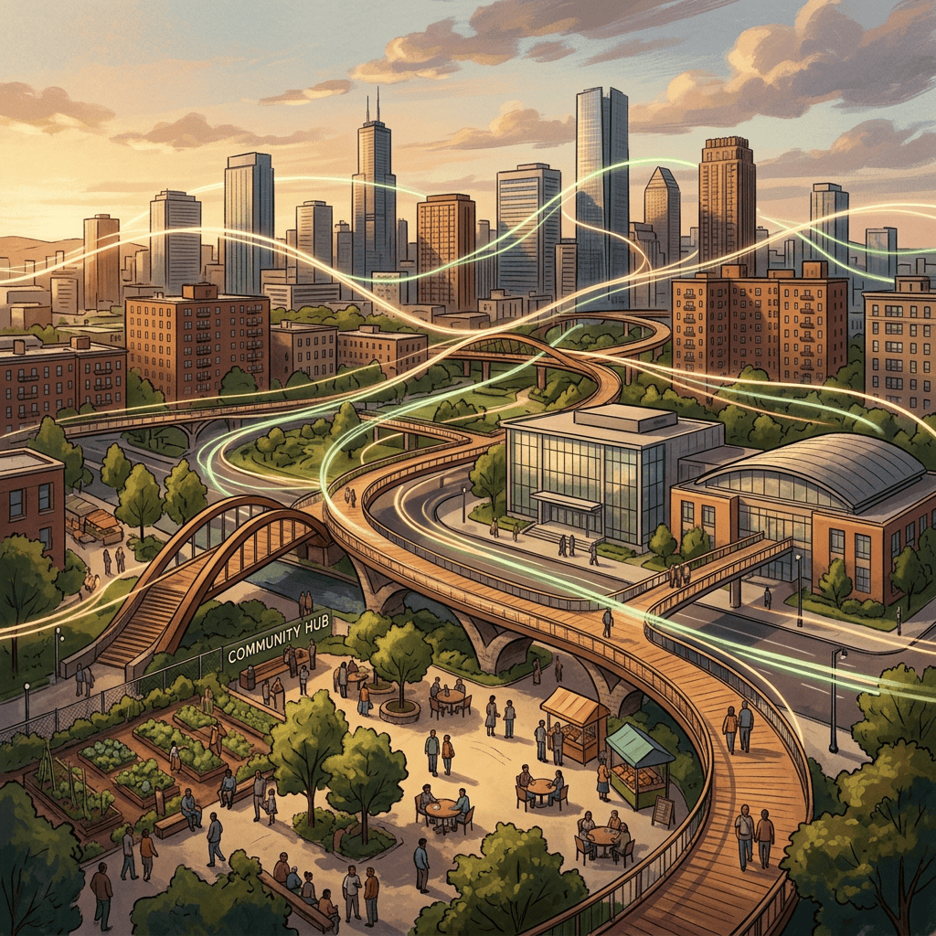 Illustrated city skyline with elevated paths, community gardens, and glowing connecting lines