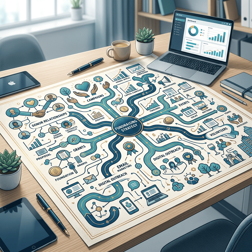 Fundraising strategy map surrounded by laptop, tablets, coffee, and office supplies