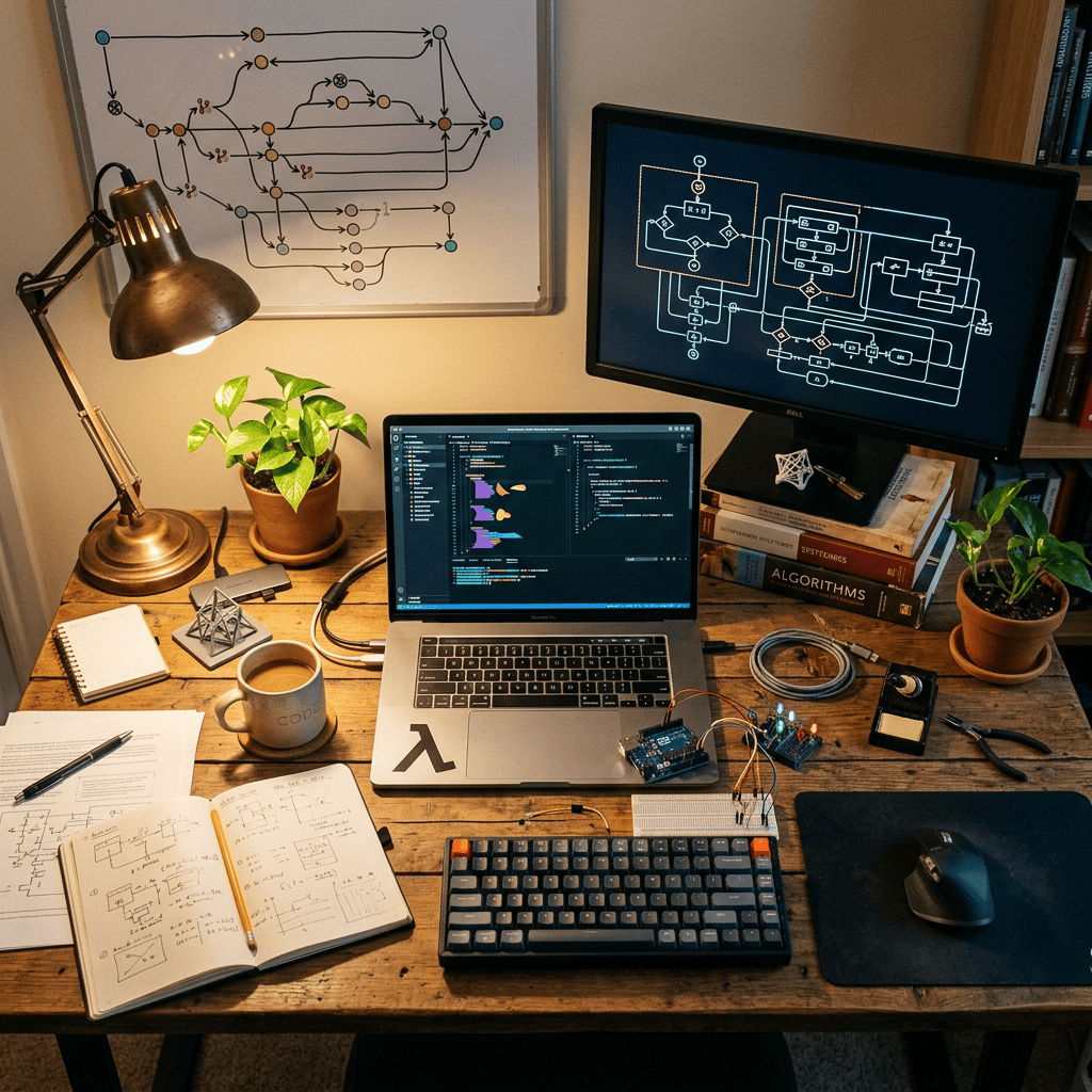 Programming workstation with laptop, monitors, circuit board, diagrams, and technical books