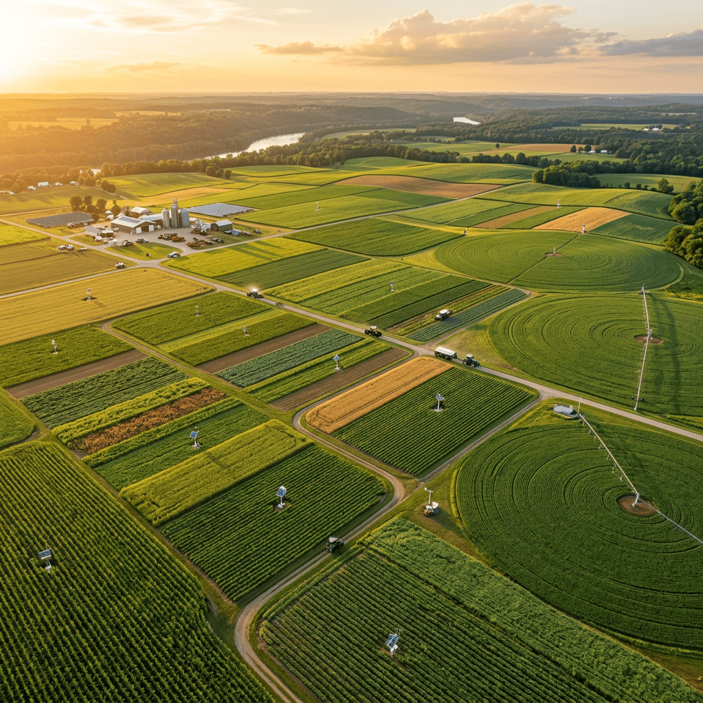 Aerial view of varied crop fields with irrigation systems, farm buildings, and a river