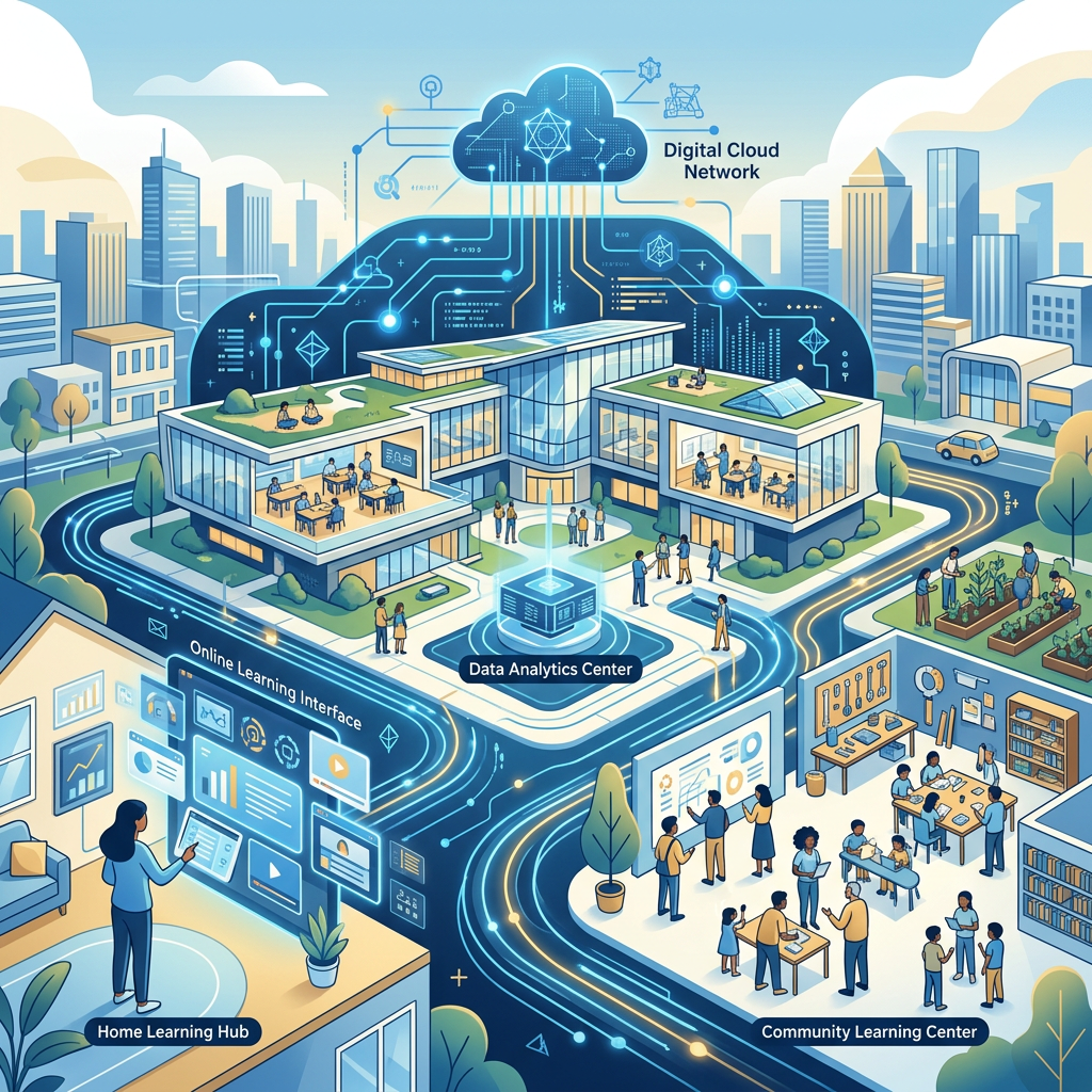 Illustration labeled Digital Cloud Network, Online Learning Interface, Data Analytics Center, Home Learning Hub, and Community Learning Center