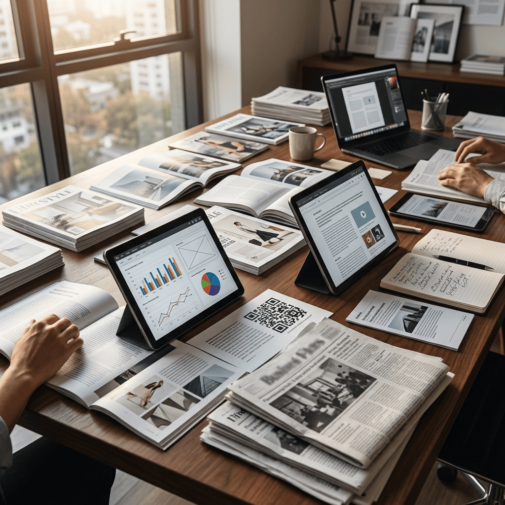 Worktable with magazines, newspapers, tablets, laptop, charts, and notebooks