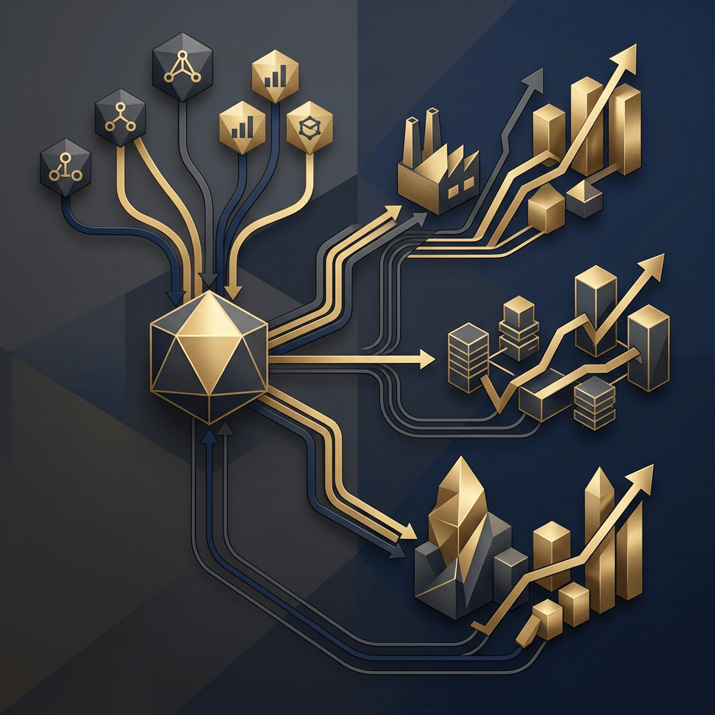 Central gold hub connecting analytics, operations, finance, and growth icons