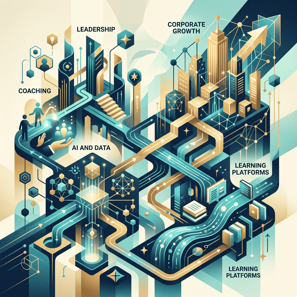Illustrated pathways labeled COACHING, LEADERSHIP, AI AND DATA, CORPORATE GROWTH, and LEARNING PLATFORMS, with buildings, people, networks, and arrows