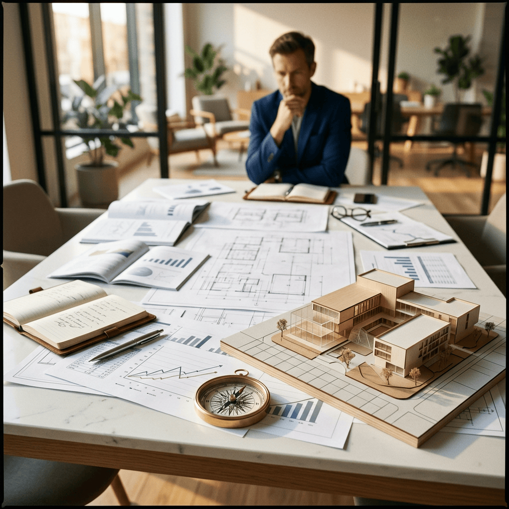 Architect reviewing architectural plans beside a detailed building model