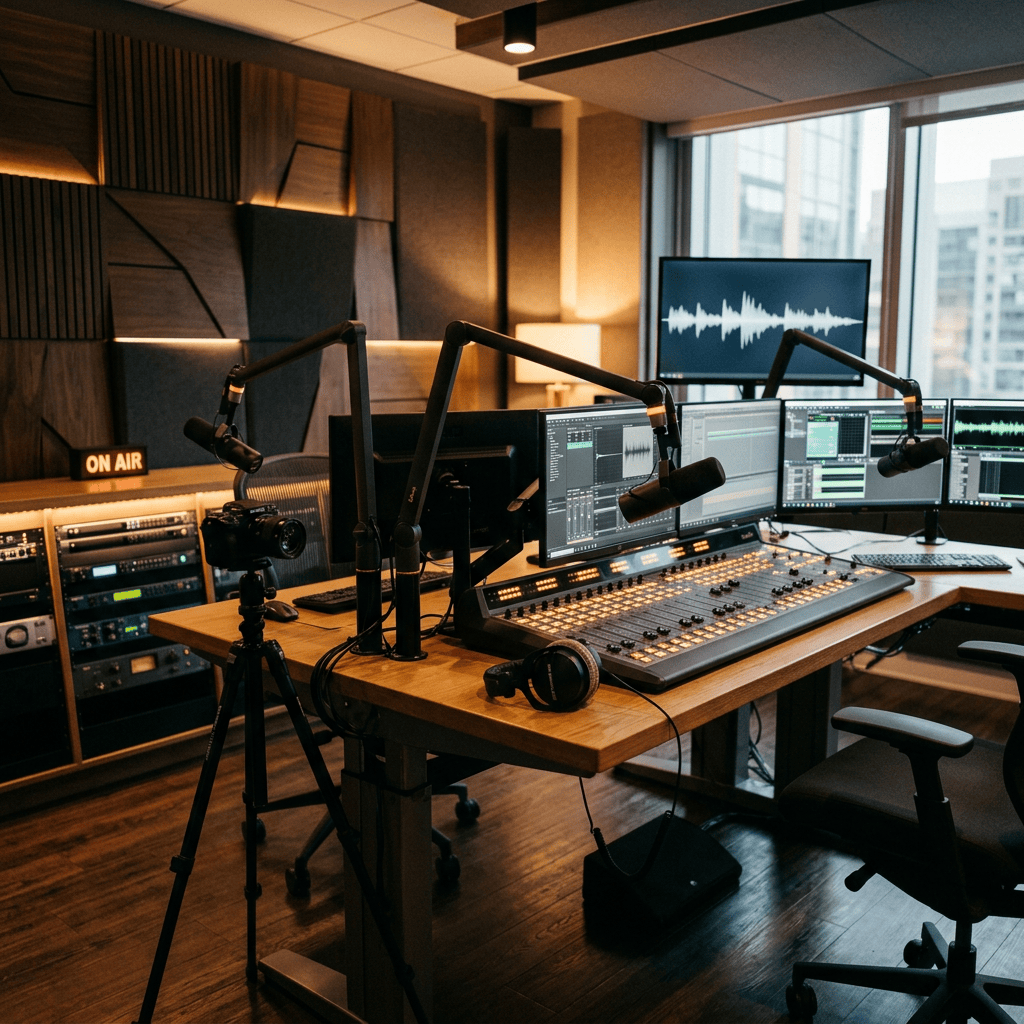 Radio studio control room with microphones, mixing console, monitors, and ON AIR sign