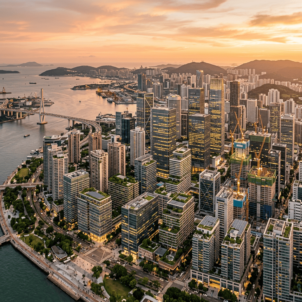 Aerial view of Hong Kong skyscrapers, harbor, bridge, and mountains at sunset
