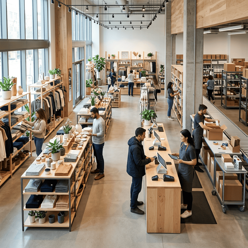 Customers shopping in a bright modern retail store with clothing and home goods