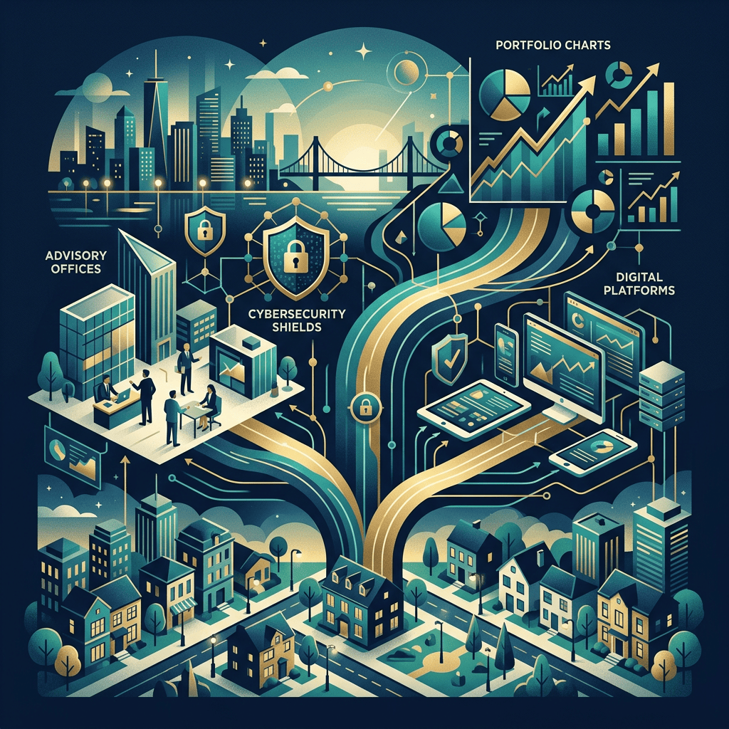 Illustration labeled Advisory Offices, Cybersecurity Shields, Portfolio Charts, and Digital Platforms