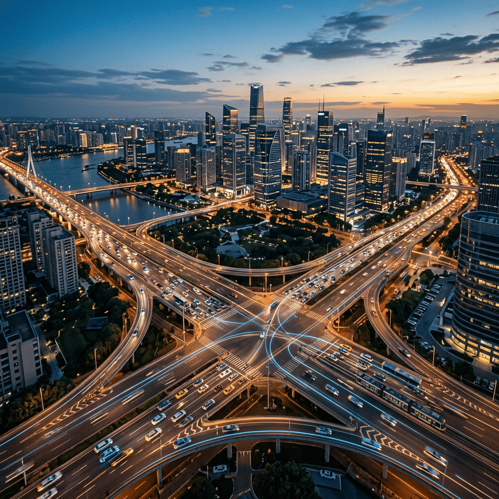 Aerial view of illuminated highways and skyscrapers beside a river at dusk