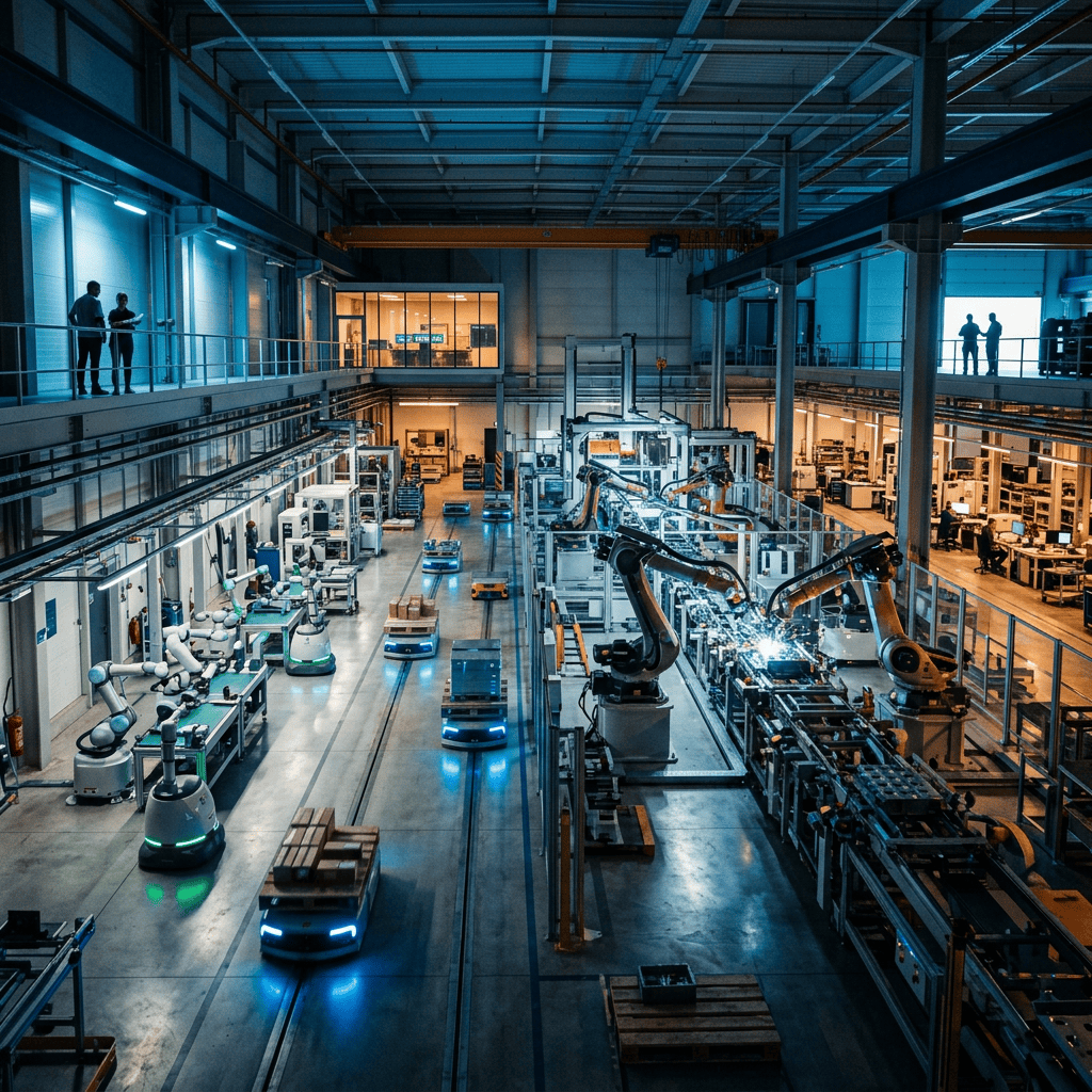 Robotic arms and autonomous vehicles operating in a modern factory