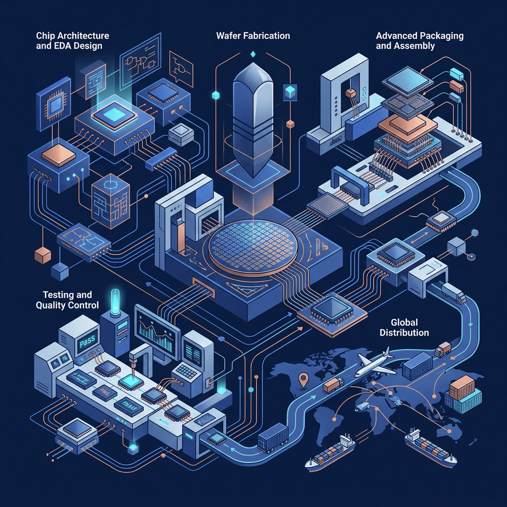 Semiconductor production flow from chip design through global distribution