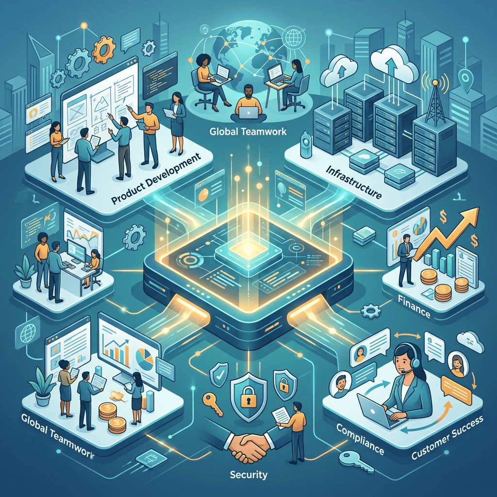 Diagram labeled Global Teamwork, Product Development, Infrastructure, Finance, Security, Compliance, and Customer Success