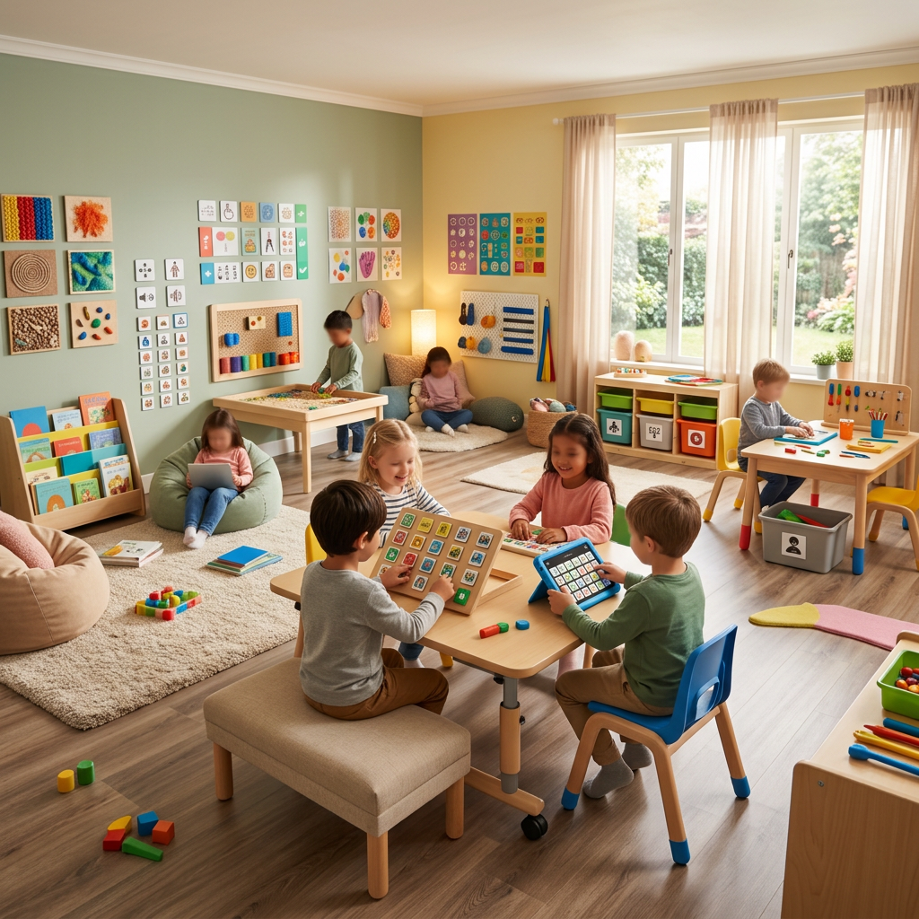 Children engaging with educational activities in a bright classroom