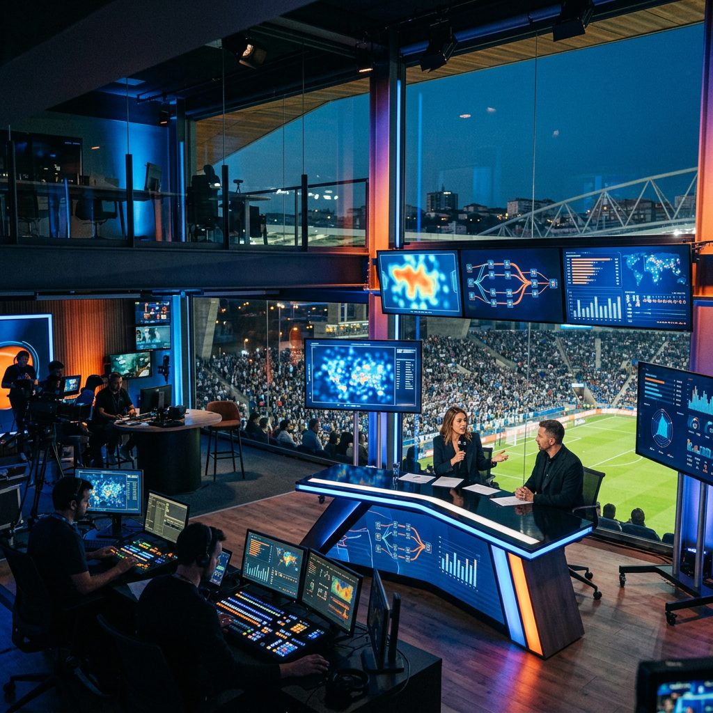 Sports broadcast studio with analysts, control desks, data screens, and stadium view