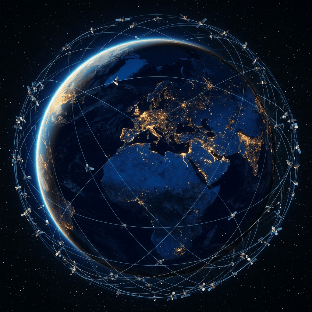 Earth at night surrounded by satellites and interconnected orbital paths